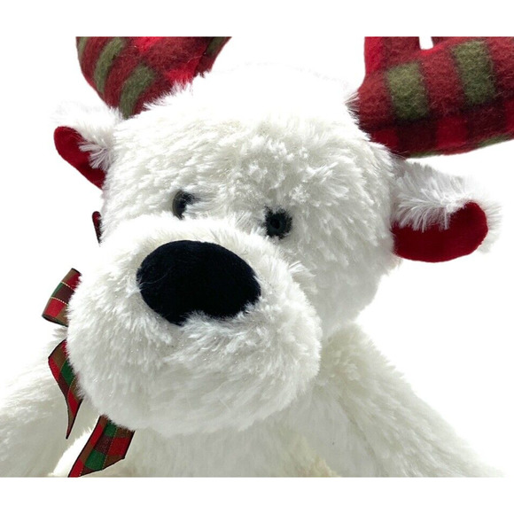 Plush Christmas plaid Antler White Reindeer Toy Holiday Stuffed Animal Bow 15" - Picture 5 of 9
